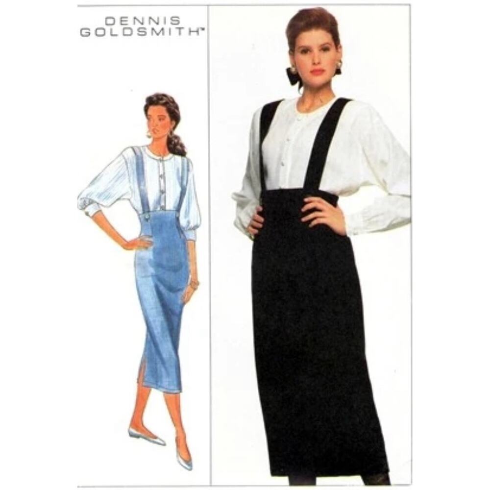 Vtg Dennis Goldsmith High Waisted Suspender Skirt Dress Pocket Linen Blend Sz 14